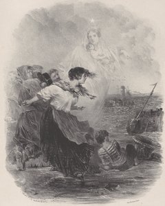 Frau am Meer mit der Madonna, die auf ein Schiff zeigt