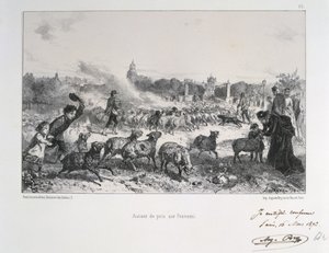 Französisch-Preußischer Krieg 1870-1871: Eine Schafherde vertreiben, um zu verhindern, dass sie in die Hände der Preußen fällt. Aus einer Serie von Lithografien von Clement August Andrieux über die Nationalgarden.