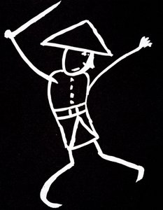Charakter mit Hut, Uniform und Flügeln. Anime-Zeichnung von Emile Cohl (1857-1938) in Weiß auf Schwarz. von Cohl