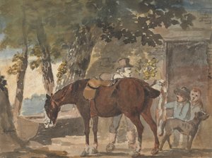 Ein Pferd, Hund und Figuren vor einem Cottage von Conrad Gessner