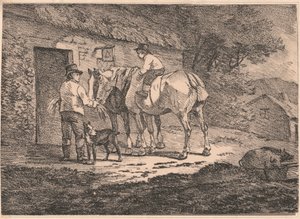 Pferde an der Tür der Hütte
