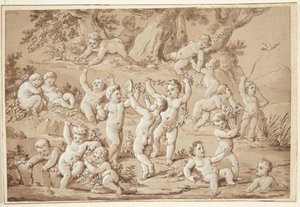 Eine große Gruppe von Putti, die zufrieden an einem Bach spielen von Conrad Martin Metz