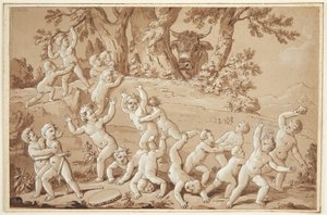 Eine große Gruppe von Putti in Schrecken versetzt durch die Ankunft eines Stiers von Conrad Martin Metz