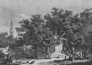 Eine Ansicht in der Nähe der Stadt Damaskus, graviert von Heath