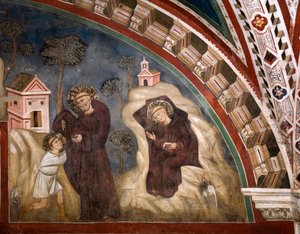 Der Mönch Romano übergab das Habit dem jungen Benedikt von Nursia in der Region Subiaco, er zog sich in eine Höhle zurück. Fresko von Meister Consolo (13. Jahrhundert) Unterkirche. Kloster von Saint Benedetto (Sacro Speco), Subiaco (Rom), Italien