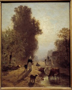 Am Morgen Bauernfamilien und Vieh im Nebel der Morgendämmerung von Constant Emile Troyon