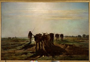 Die Ochsen gehen zum Pflügen, Morgeneffekt von Constant Emile Troyon
