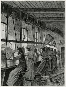 Eine Frauenwerkstatt in der Glasfabrik von Val Saint Lambert. Gravur von C. Meunier zur Illustration der Geschichte „Belgien“ von Camille Lemonnier (1844-1913)