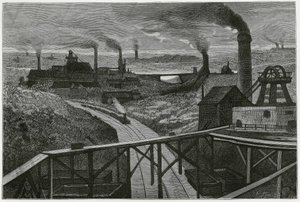 Kohlebergbau und Terrils (Aspekte der Contree Boraine). Gravur von Constant Meunier, zur Illustration der Geschichte „Belgien“, von Camille Lemonnier (1844-1913), belgischer Schriftsteller. Veröffentlicht in Le Tour du monde, 2. Semester 1884. von Constantin Emile Meunier