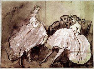 Zwei Prostituierte und eine Verführungsszene im Bordell (Zeichnung von Constantin Guys, 19. Jahrhundert)