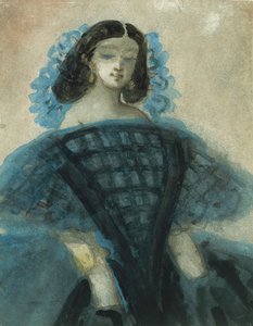 Junge Frau in einem blauen und schwarzen Kleid, ca. 1863