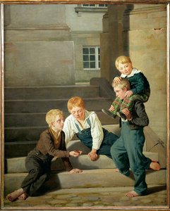 Jungen, die vor dem Christiansborg-Palast in Kopenhagen Würfel spielen von Constantin Hansen