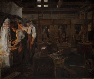 Das Innere der alten Hammerschmiede bei Hellebæk von Constantin Hansen