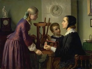 Eine Hausfrau an ihrem Bandwebstuhl spricht mit zwei Kindern von Constantin Hansen