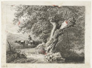 Landschaft mit kahlem Baum und Hirte