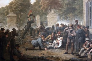 Revolutionäre Barrikade gegenüber dem Park von Brüssel während der Kämpfe zwischen belgischen Rebellen und niederländischen Truppen im Jahr 1830 von Constantinus Fidelio Coene
