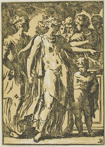 Eine Frau, ein Kind und Figuren um ein Podest von Conte Antonio Maria Zanetti the Elder