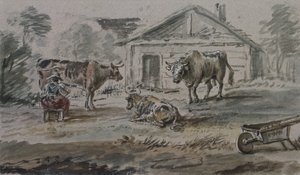 Rinder vor einem Cottage