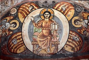 Koptische Kunst: Christus in Majestät. Die Symbole der vier Evangelisten. Fresko, 5.-6. Jahrhundert. Koptisches Museum, Kairo, Ägypten von Coptic Coptic