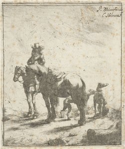 Reiter mit zwei Pferden und zwei Hunden von Cornelis A. Hellemans