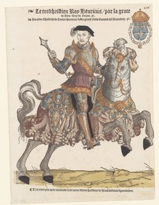 Porträt von Heinrich II. von Frankreich in Rüstung zu Pferd, nach rechts von Cornelis Anthonisz. (manner of)