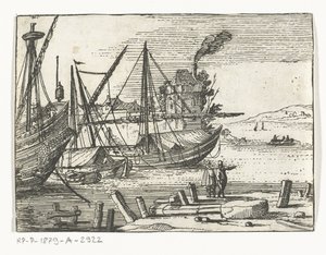Hafenszene mit zwei Segelschiffen und einer Galeone, zwei Männer stehen auf dem Kai von Cornelis Bol (attributed to)