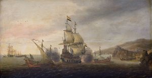 Seeschlacht zwischen niederländischen Kriegsschiffen und spanischen Galeeren von Cornelis Bol