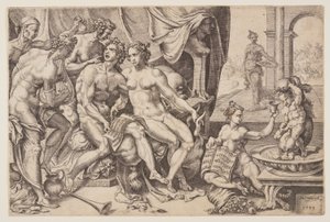 Der verlorene Sohn verschwendet sein Erbe an Huren von Cornelis Bos