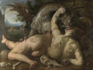 Zwei Anhänger des Kadmos von einem Drachen verschlungen, 1588 von Cornelis Cornelisz. Haarlem van