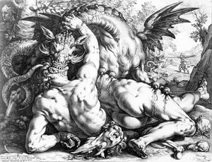 Drache verschlingt die Gefährten von Kadmos, graviert von Hendrik Goltzius, 1588 von Cornelis Cornelisz van Haarlem
