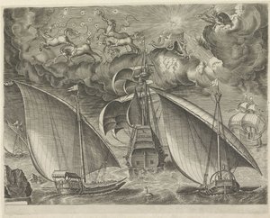 Zwei Galeeren hinter einem Dreimaster, in der Luft der Sturz von Phaëthon
Segelschiffe (Serientitel) von Cornelis Cort (possibly)