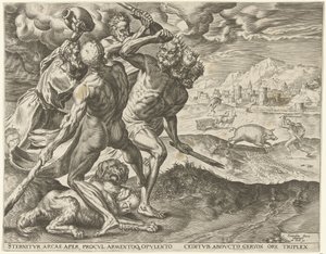 Herkules tötet Geryon und seinen Hund (Werken von Herkules) von Cornelis Cort
