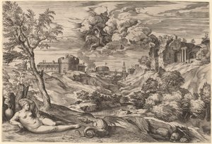 Landschaft mit Roger, der Angelica befreit von Cornelis Cort after Titian