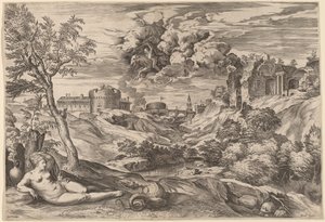 Landschaft mit Roger, der Angelica befreit von Cornelis Cort after Titian
