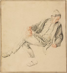 Ein sitzender Bauer, der nach rechts unten schaut und einen Krug hält von Cornelis Dusart