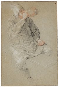 Ein sitzender Mann, der aus einem irdenen Krug trinkt und eine Pfeife hält von Cornelis Dusart