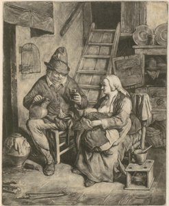 Bauer in Landhaus, neben ihm eine stillende Frau