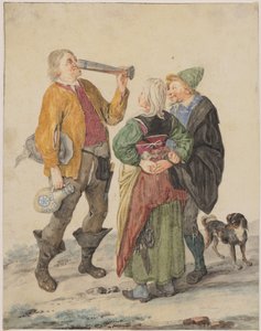 Trinkender Mann, beobachtet von einem Paar und einem Hund von Cornelis Dusart