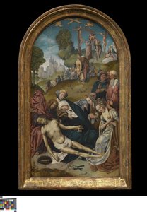 Die Beweinung; im Hintergrund die Kreuzabnahme von Cornelis Engebrechtsz.