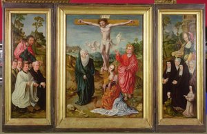 Triptychon der Kreuzigung: St. Barbara mit Stiftern (rechter Flügel); St. Jakobus der Ältere mit Stiftern (linker Flügel); Die Kreuzigung (Mitte) von Cornelis Engebrechtsz