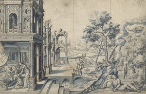 Jakob empfängt den Segen von Isaak; Jakobs Leiter von Cornelis Floris (II)
