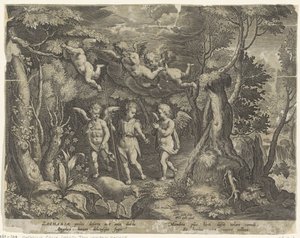 Johannes der Täufer wird von Engeln begleitet, als er in die Wüste zieht von Cornelis Galle (I)