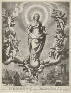 Maria auf einer Weltkugel, umgeben von Engeln von Cornelis Galle (I)