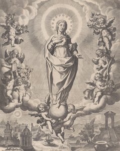 Die Jungfrau in Herrlichkeit, stehend auf Wolken und umgeben von Engeln mit Symbolen, 1595-1633 von Cornelis Galle I