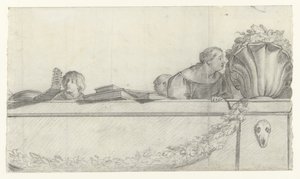 Personen auf einer Balustrade mit Festons (Entwürfe für Wandmalereien im Schloss Honselaersdijk) (Serientitel) von Cornelis Holsteyn