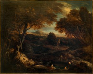 Weite klassische Landschaft mit badenden Figuren im Vordergrund von Cornelis Huysmans