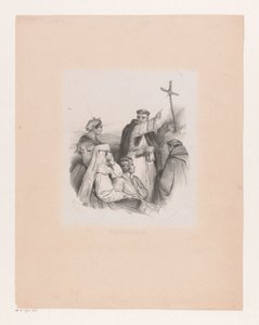 Gesellschaft und Mönche bei einem Kreuz