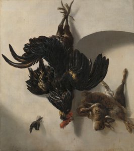Stillleben mit schwarzem Hahn und zwei Kaninchen von Cornelis Lelienbergh