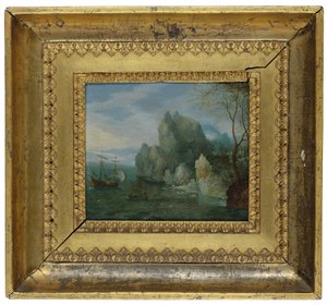 Eine felsige Küstenlandschaft mit Figuren am Ufer und einer vertäuten Galeere von Cornelis Liefrinck