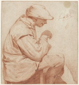 Sitzender Mann mit weicher Kappe, im Profil nach rechts, mit erhobener rechter Hand von Cornelis Pietersz. Bega (attributed to)